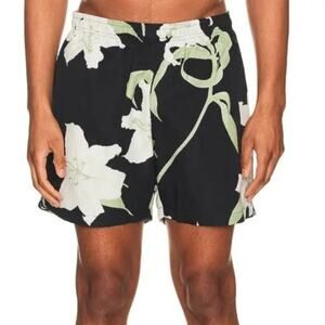 NWT WAO Pull On Elastic Waist Mid Rise The Swim Short Black White Floral Medium